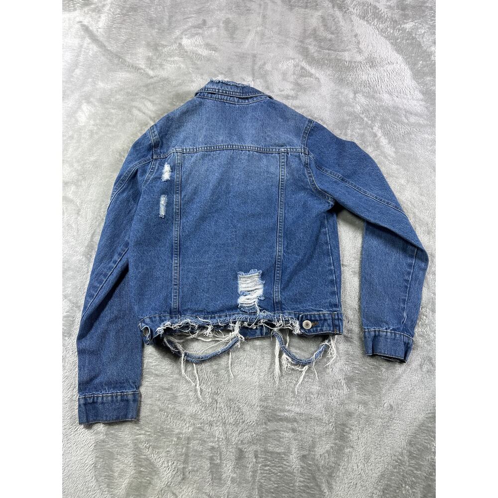 Excuse Distressed Denim Jacket Women Medium Edgy Rocker Moto Style Biker - Picture 8 of 9
